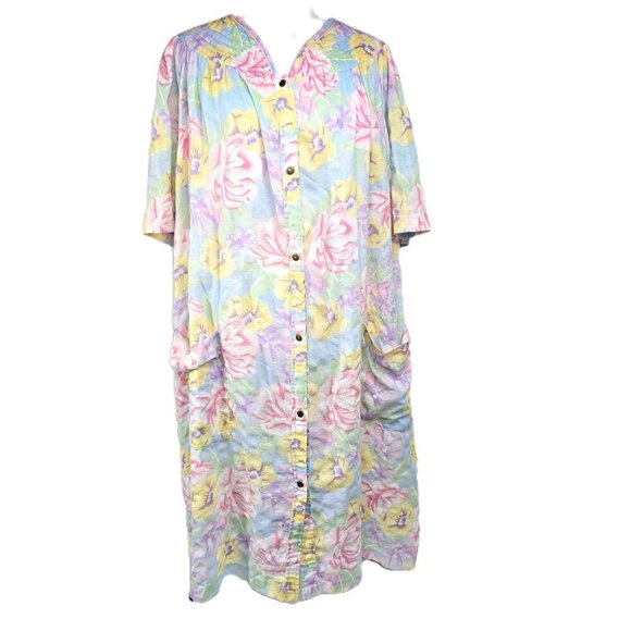 VTG Smart Time Floral Seersucker Snap Front Cottagecore Duster House Dress - Picture 1 of 7